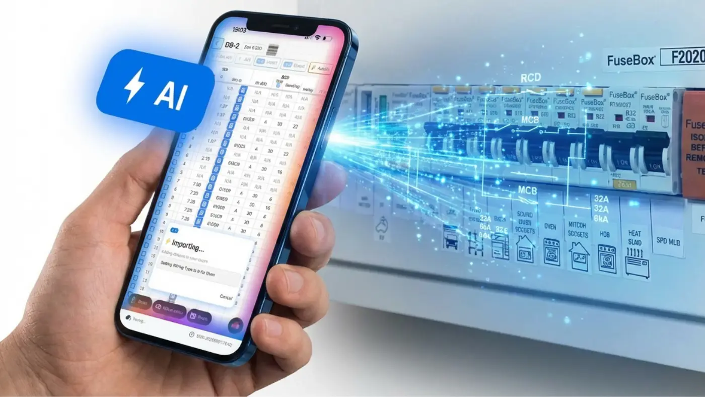 AI electrical certificate app generating EICR from distribution board photo